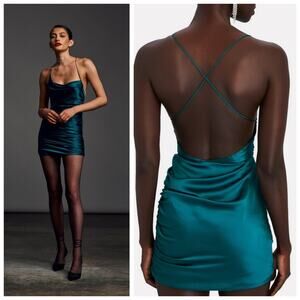 The Sei 100% Silk Teal Cowl Neck Mini Dress Size 0 – Open Back, Strappy